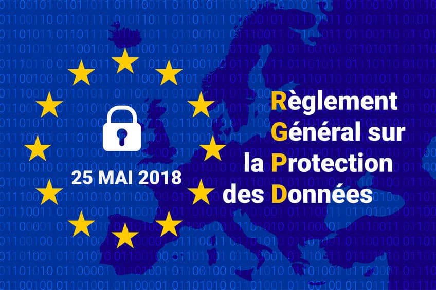 RGPD - French Reglement general sur la protection des donnees. GDPR - General Data Protection Regulation. Europe map.