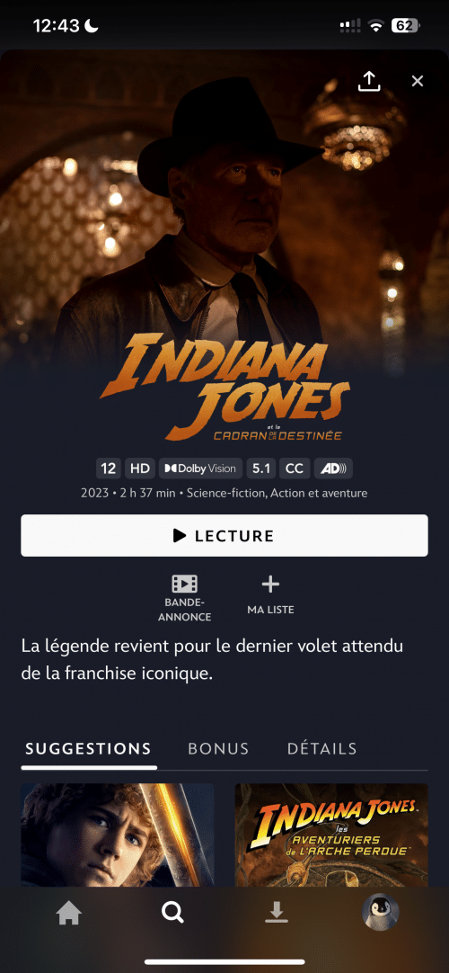 Indiana Jones 5 sur l'app Disney+